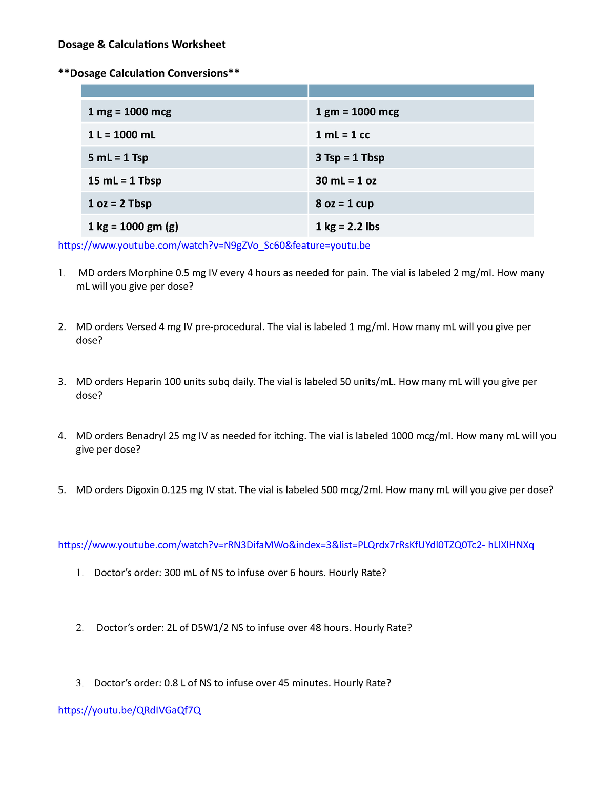 Med Math Worksheet Sample Med Math Dosage U0026amp Calculations