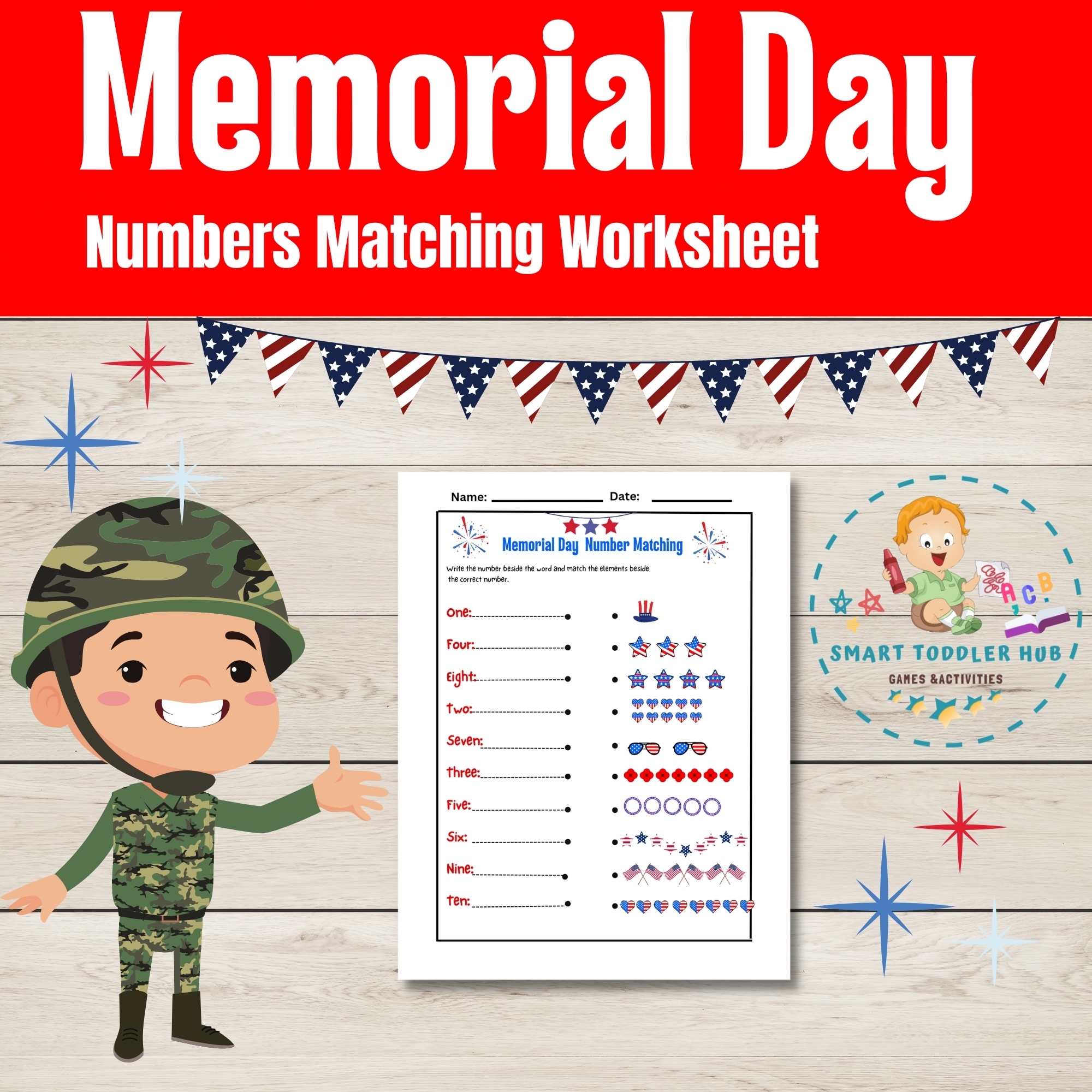 Memorial Day Math Fun Numbers Matching Worksheet For Kids