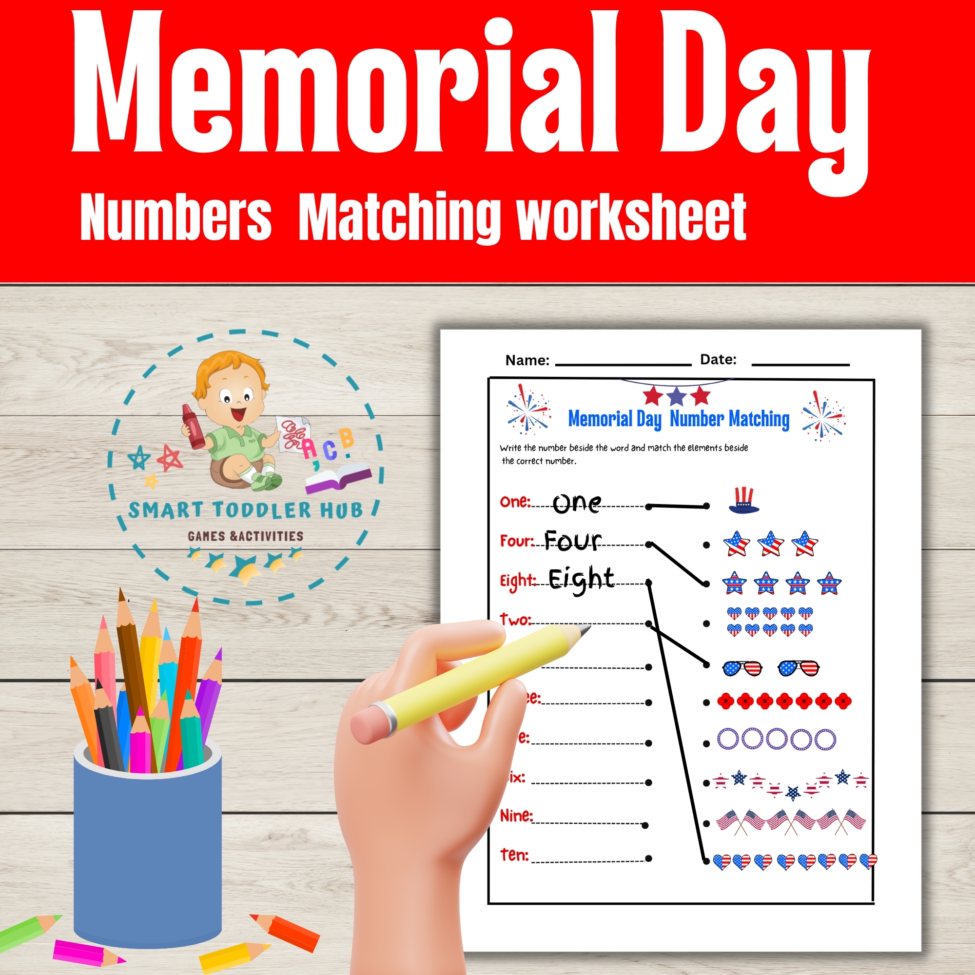 Memorial Day Math Fun Numbers Matching Worksheet For Kids