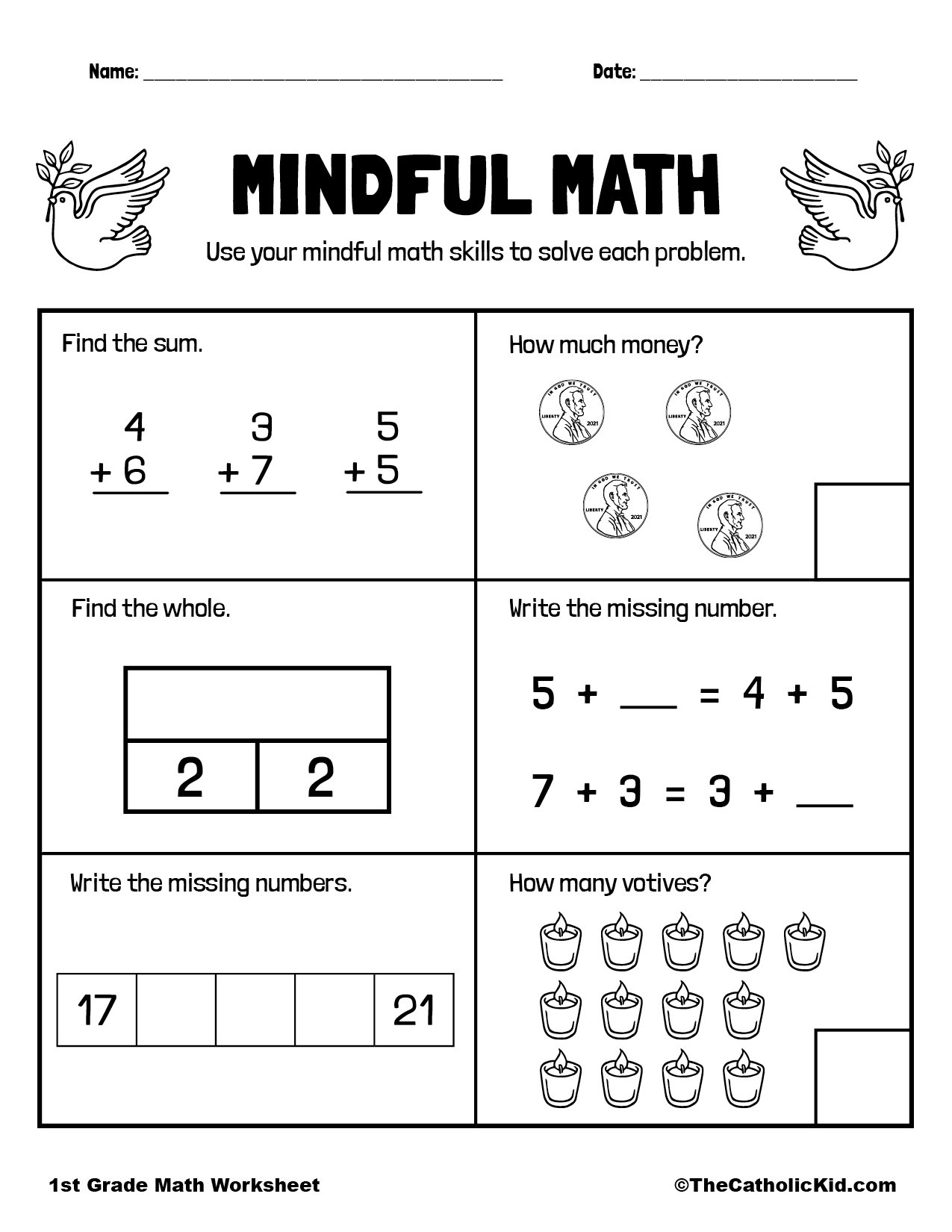 Mental Math Review 1st Grade Math Worksheet Catholic 