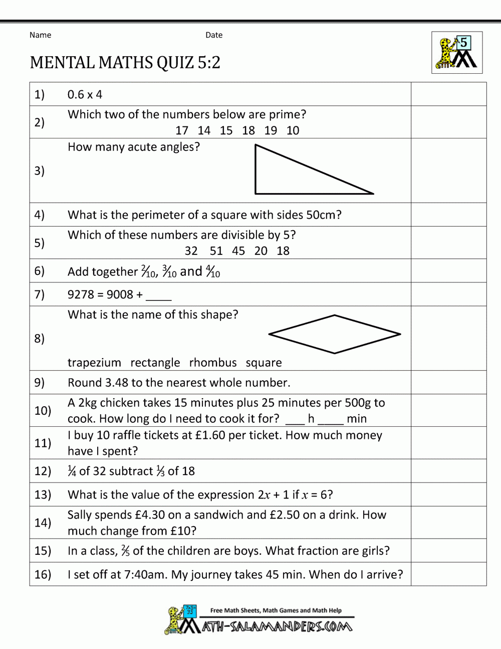 Mental Maths Practise Year 5 Worksheets Worksheets Library