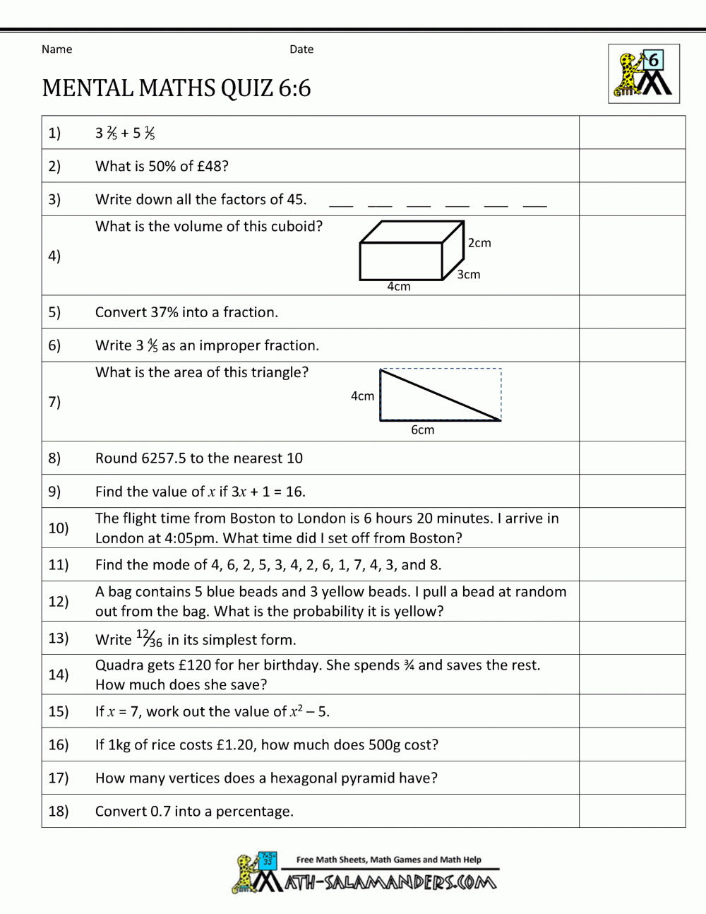 Mental Maths Tests Year 6 Worksheets