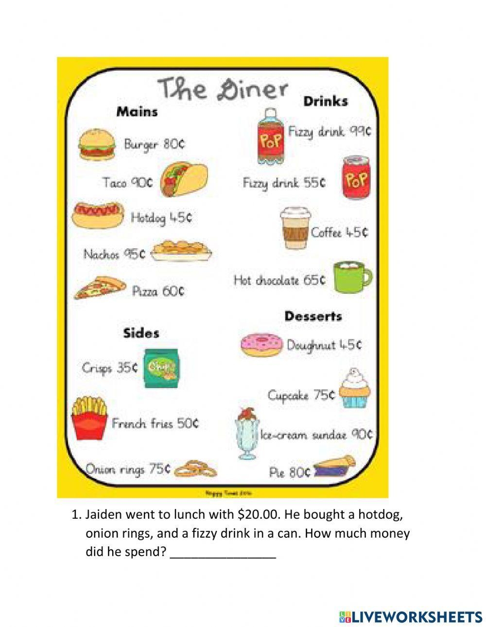Free Printable Menu Math Worksheets