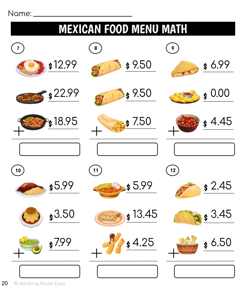 Mexican Food Menu Math Addition Worksheets Worksheets Library