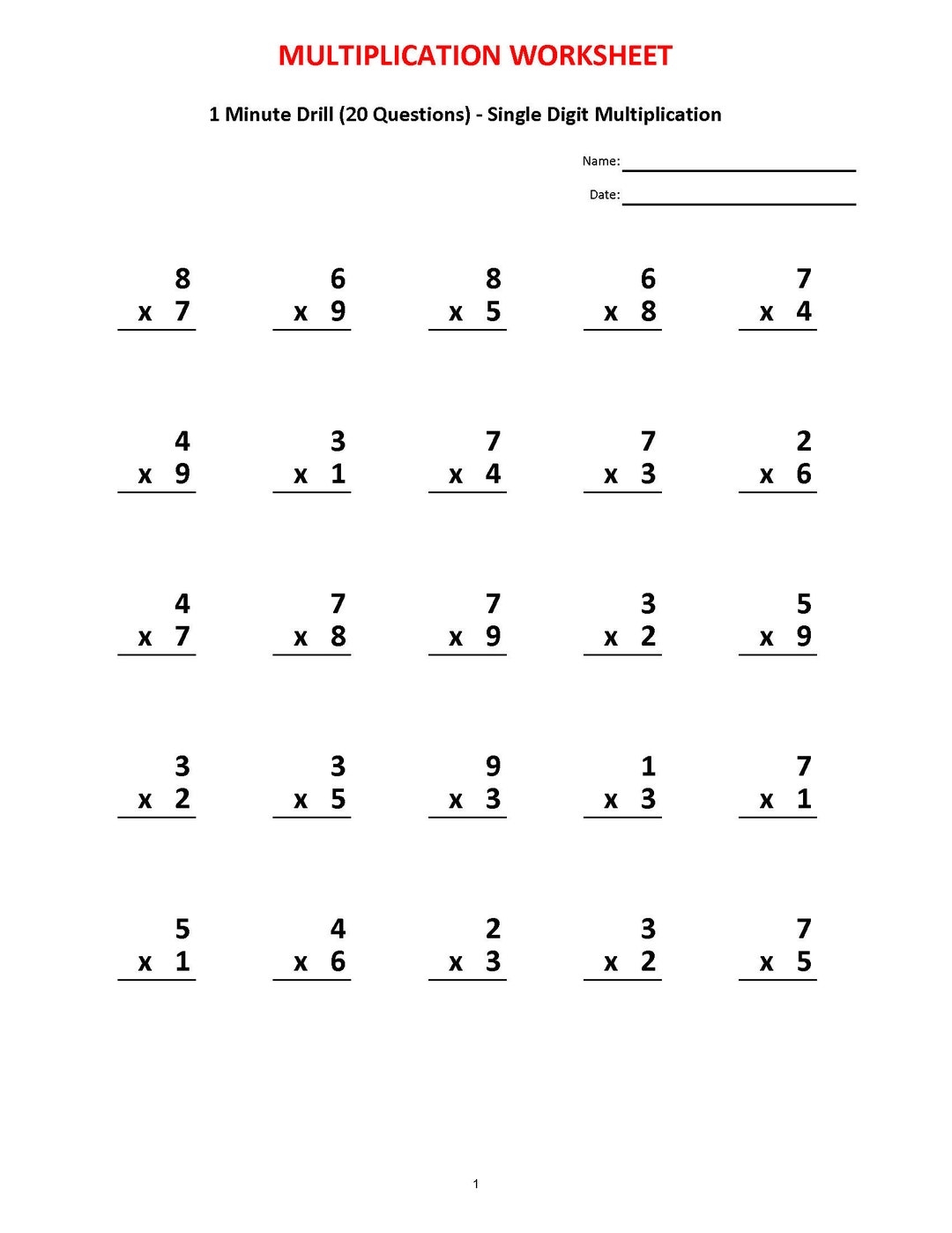 Multiplication 1 Minute Drill V 10 Math Worksheets With Answers Pdf Year 2 3 4 Grade 2 3 4 printable Worksheets Multiplication Test Etsy UK