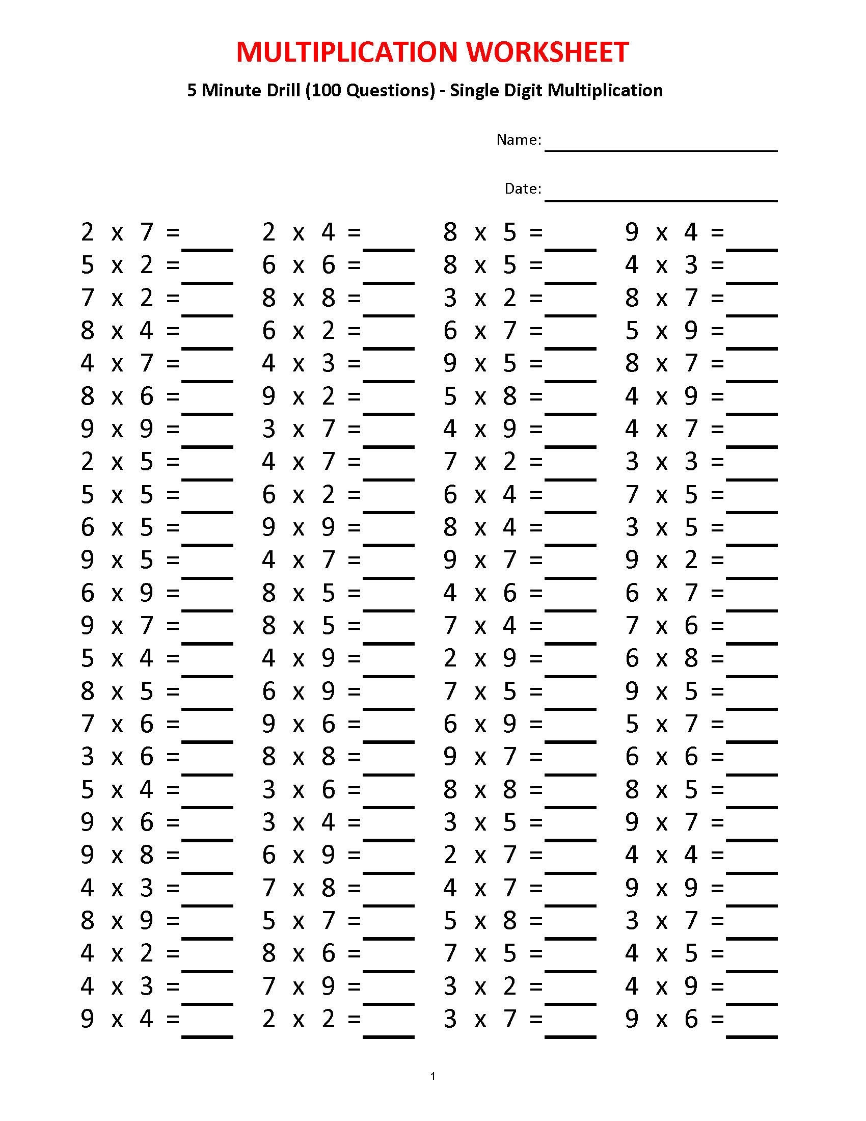 Multiplication 5 Minute Drill worksheets With Answers pdf Year 2 3 4 Grade 2 3 4 printable Worksheets Basic Multiplication Etsy UK