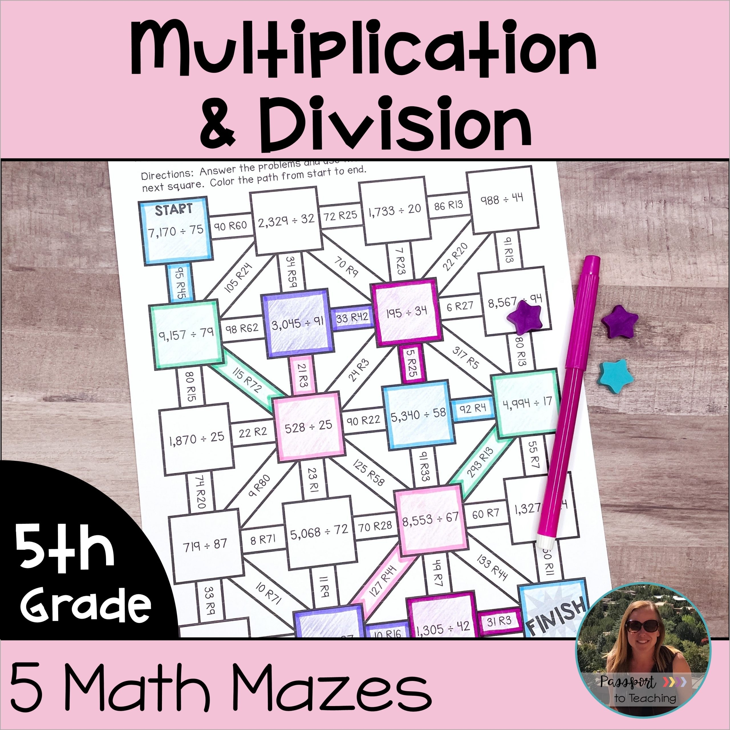 Multiplication And Division Of Whole Numbers Math Maze Worksheets 5th Grade