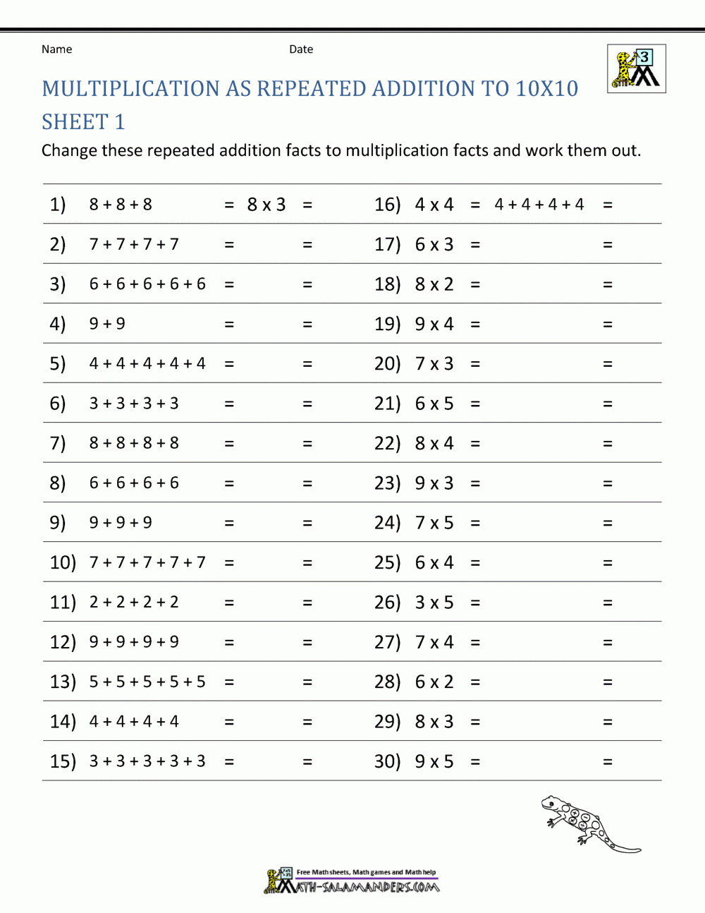 Multiplication Facts Worksheets Free Printable