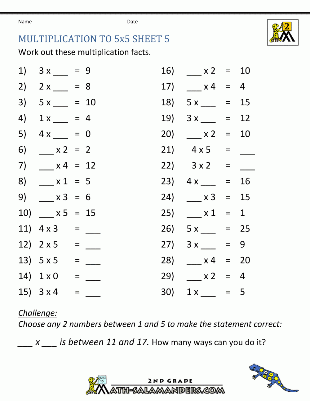 Multiplication Practice Worksheets To 5x5