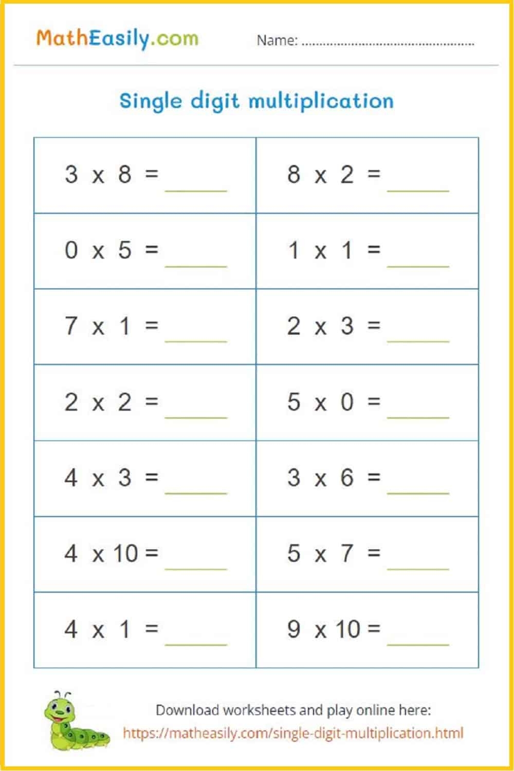 Free Printable Single Digit Multiplication Worksheets