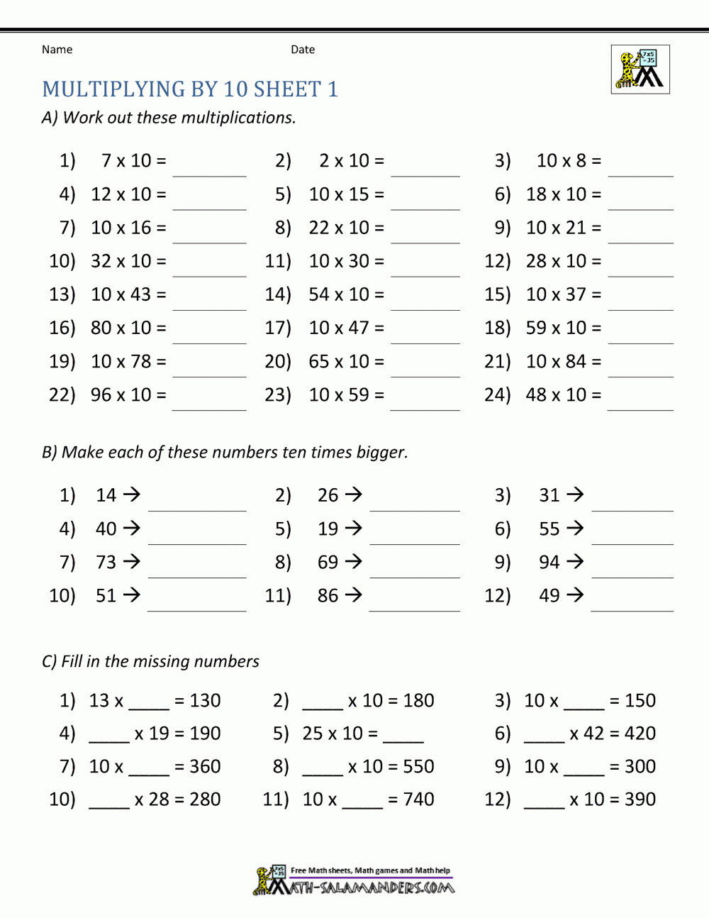 Multiplying By 10 And 100 Worksheets