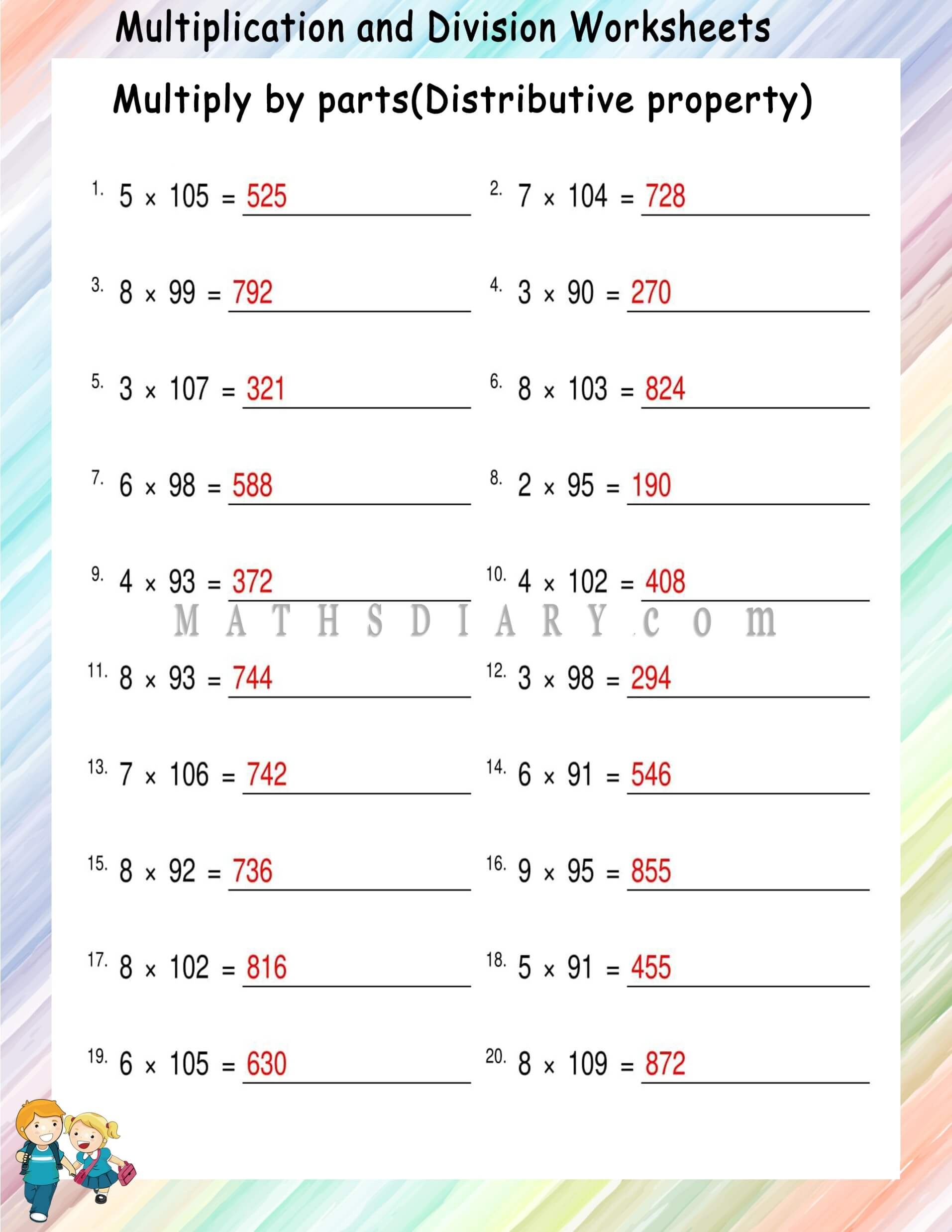 Multiplying By Parts Distributive Property Worksheets Math 