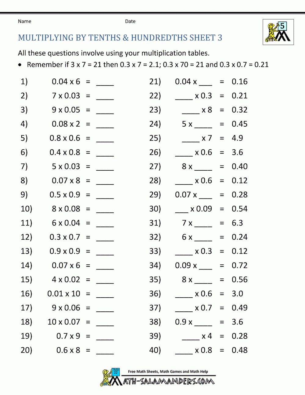 Multiplying Decimals By Whole Numbers