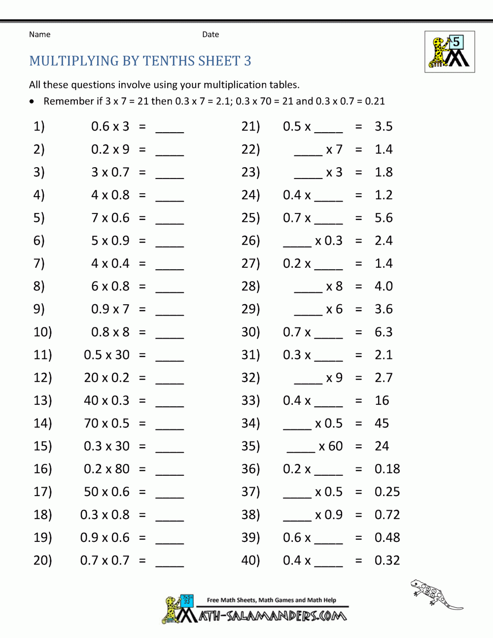Multiplying Decimals By Whole Numbers