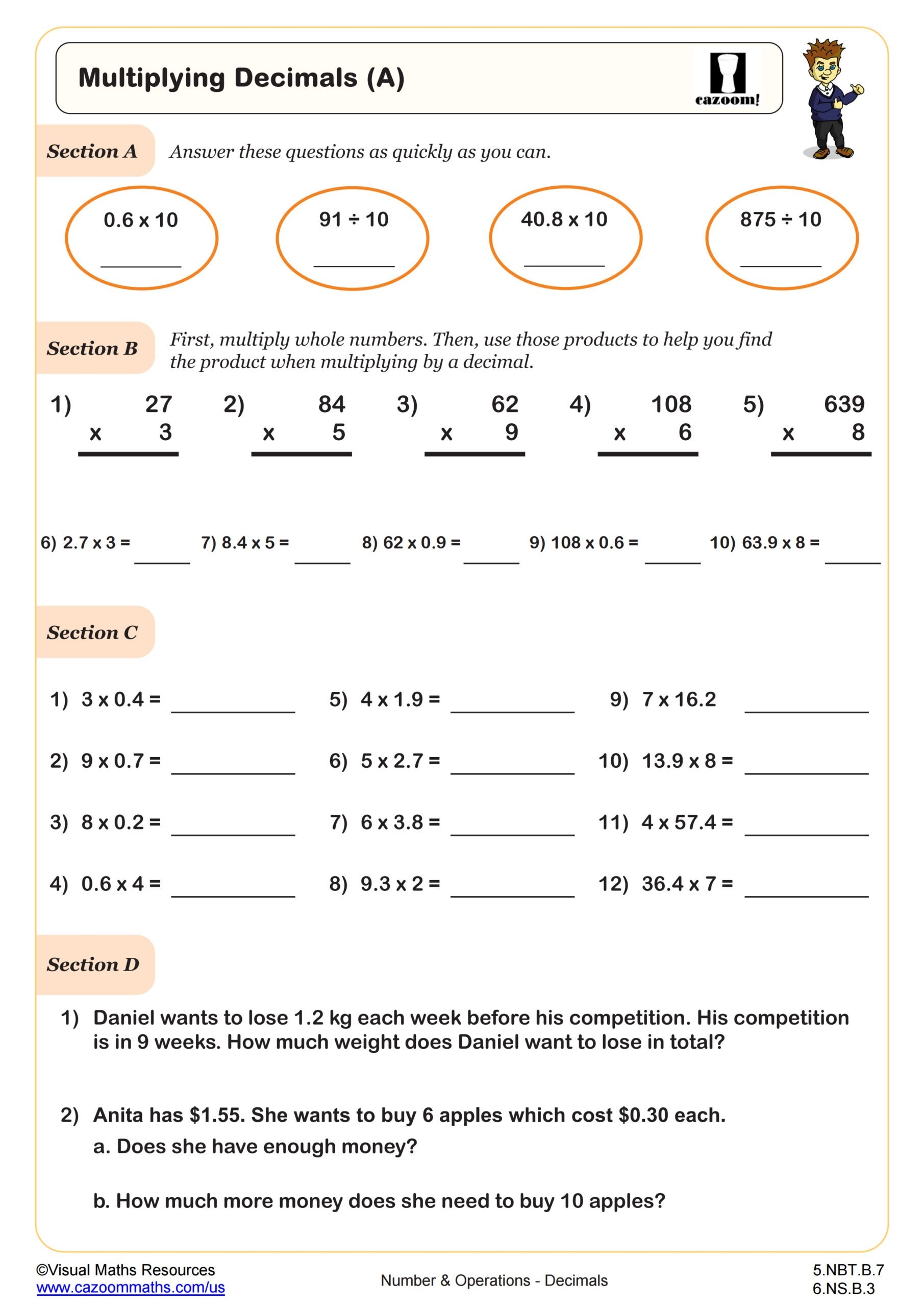 Multiplying Decimals Worksheet PDF Printable Number U0026 Operations 