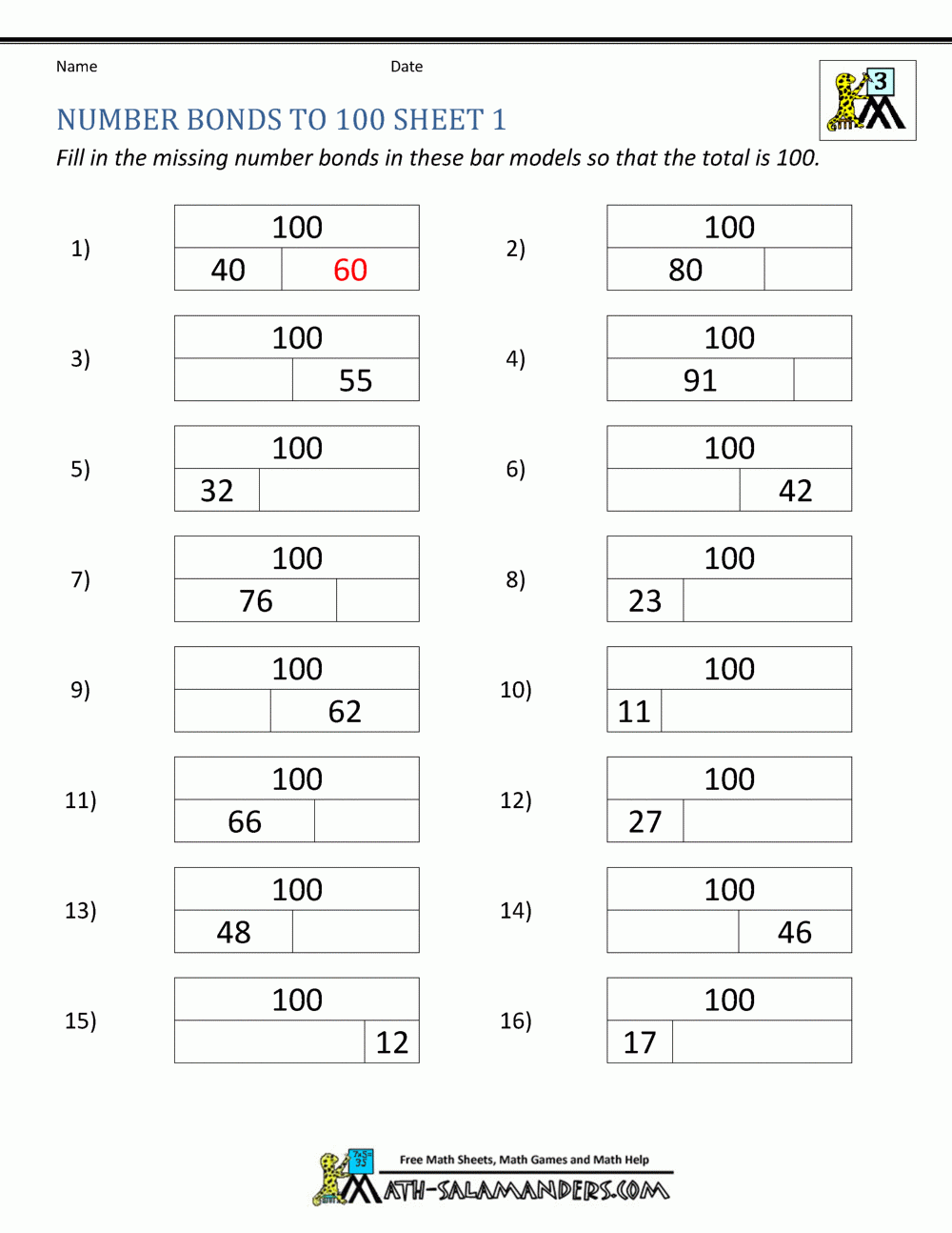 Number Bonds Worksheets To 100