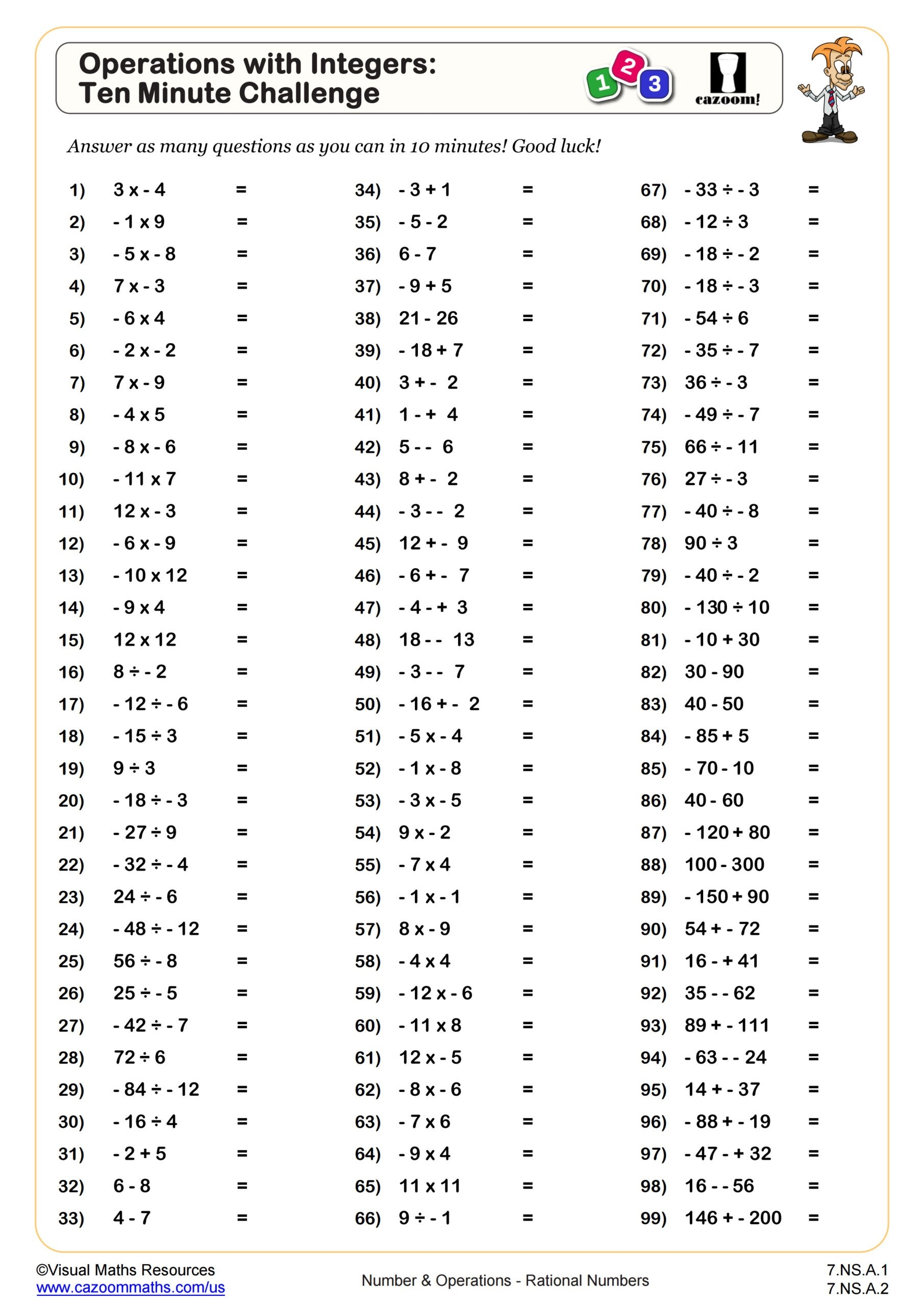 Operations With Integers Ten Minute Challenge Worksheet PDF Printable Number U0026 Operations Worksheet