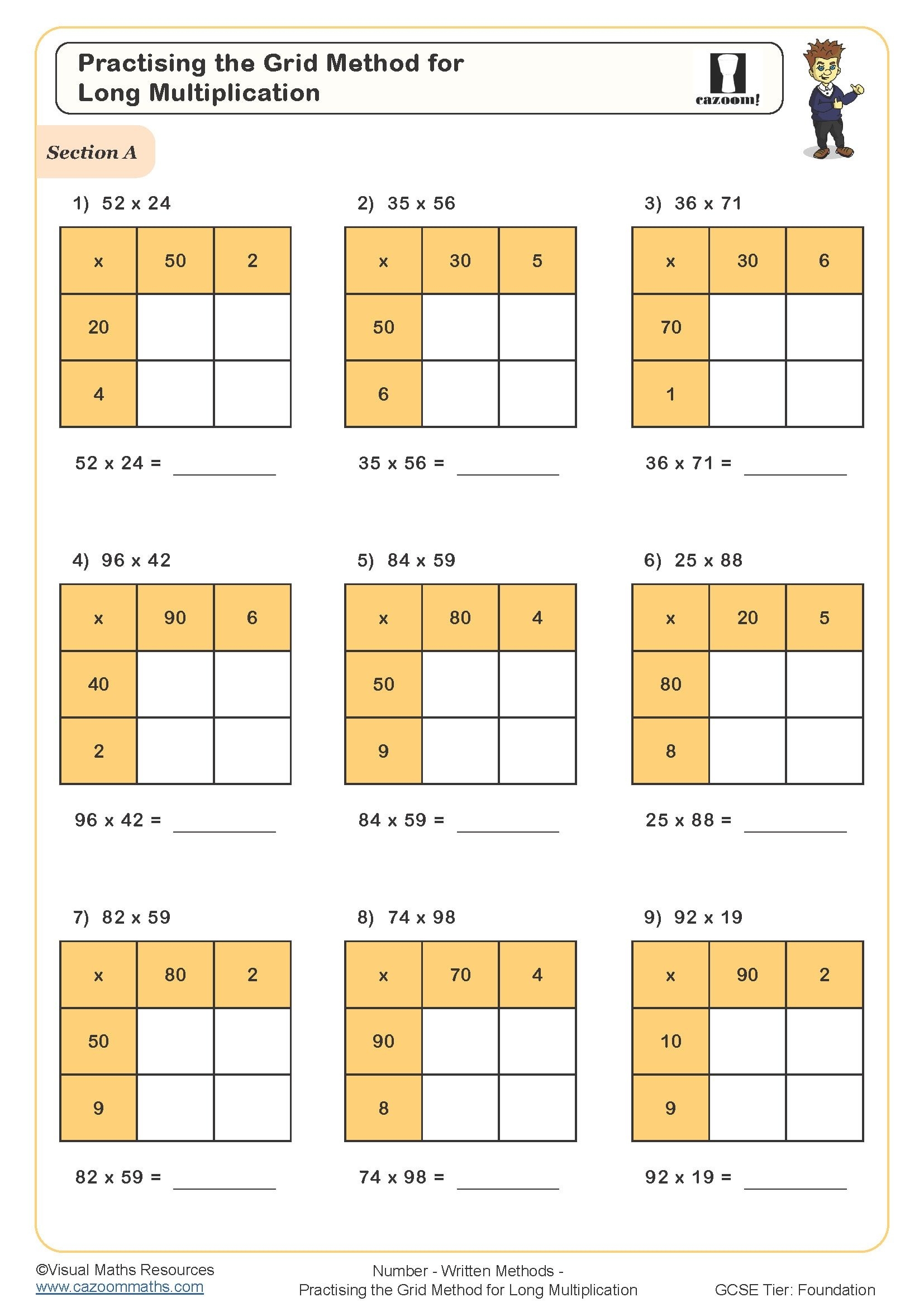 Practising The Grid Method For Long Multiplication Worksheet Printable PDF Worksheets