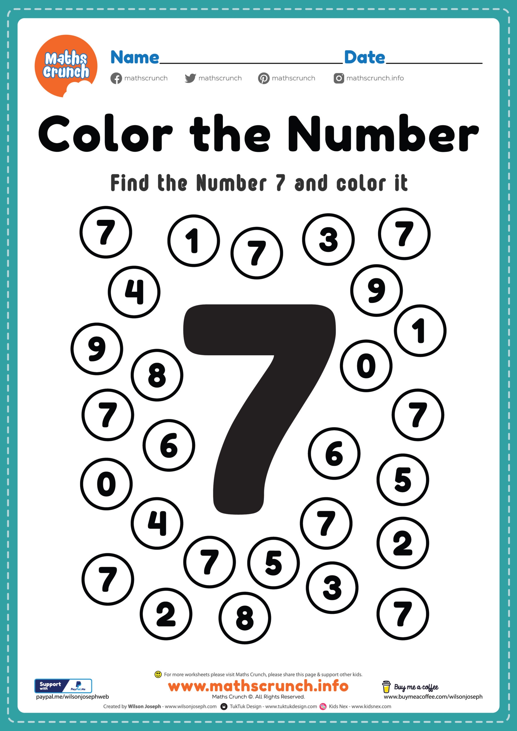 Pre K Math Worksheets Number 7 Coloring Free Printable PDF