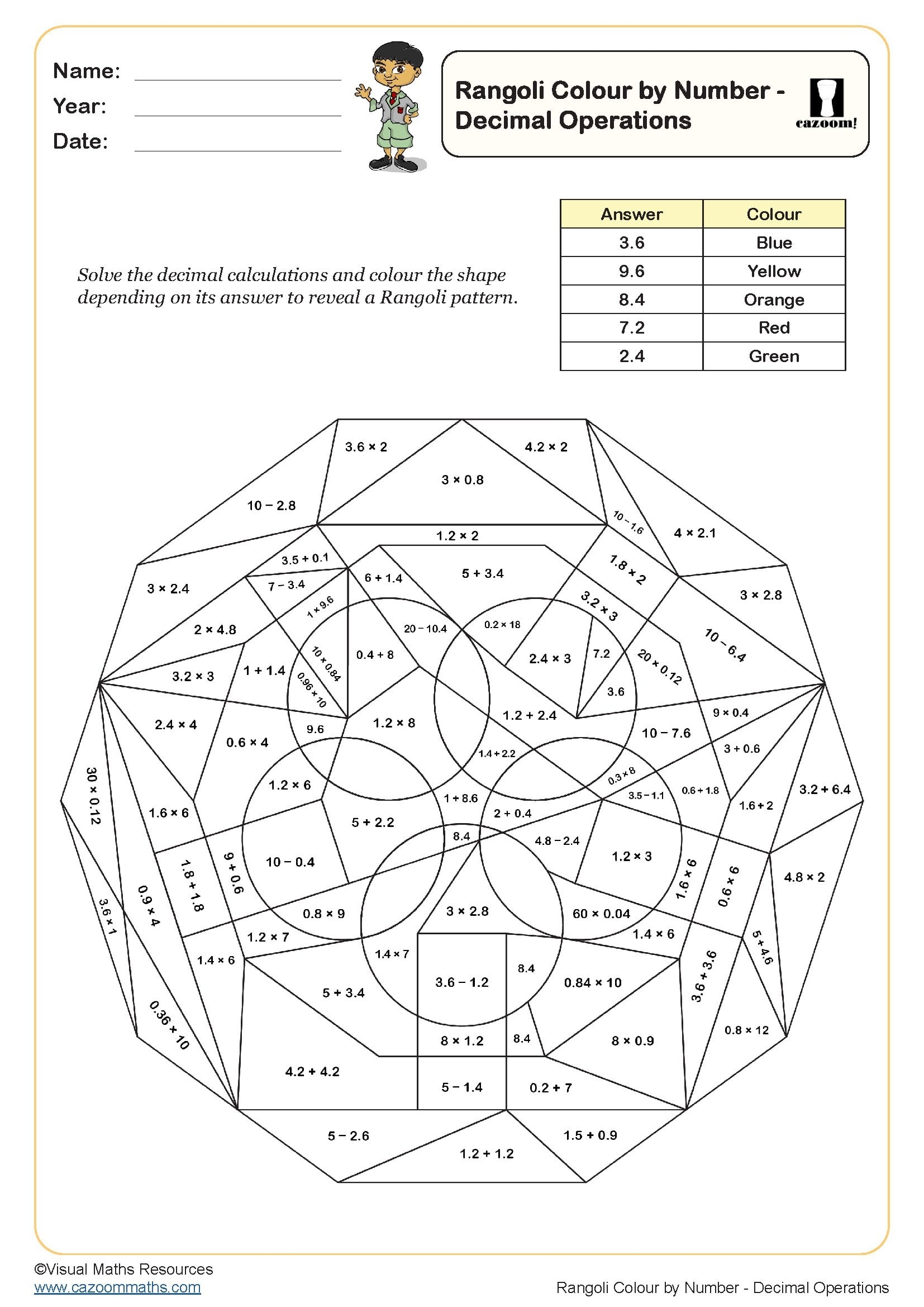 Rangoli Colour By Number Decimal Operations Worksheet PDF Printable Worksheet