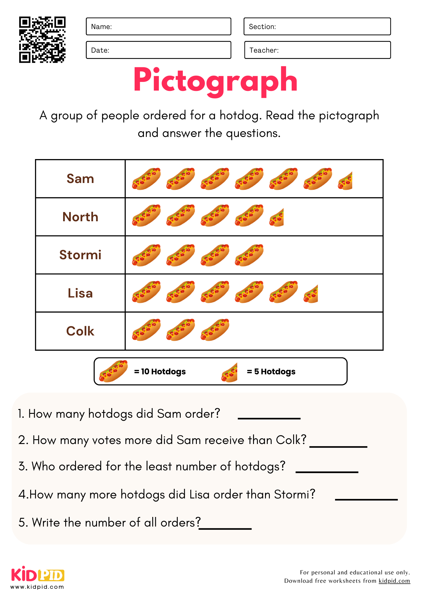 Free Printable Math Worksheets Pictographs