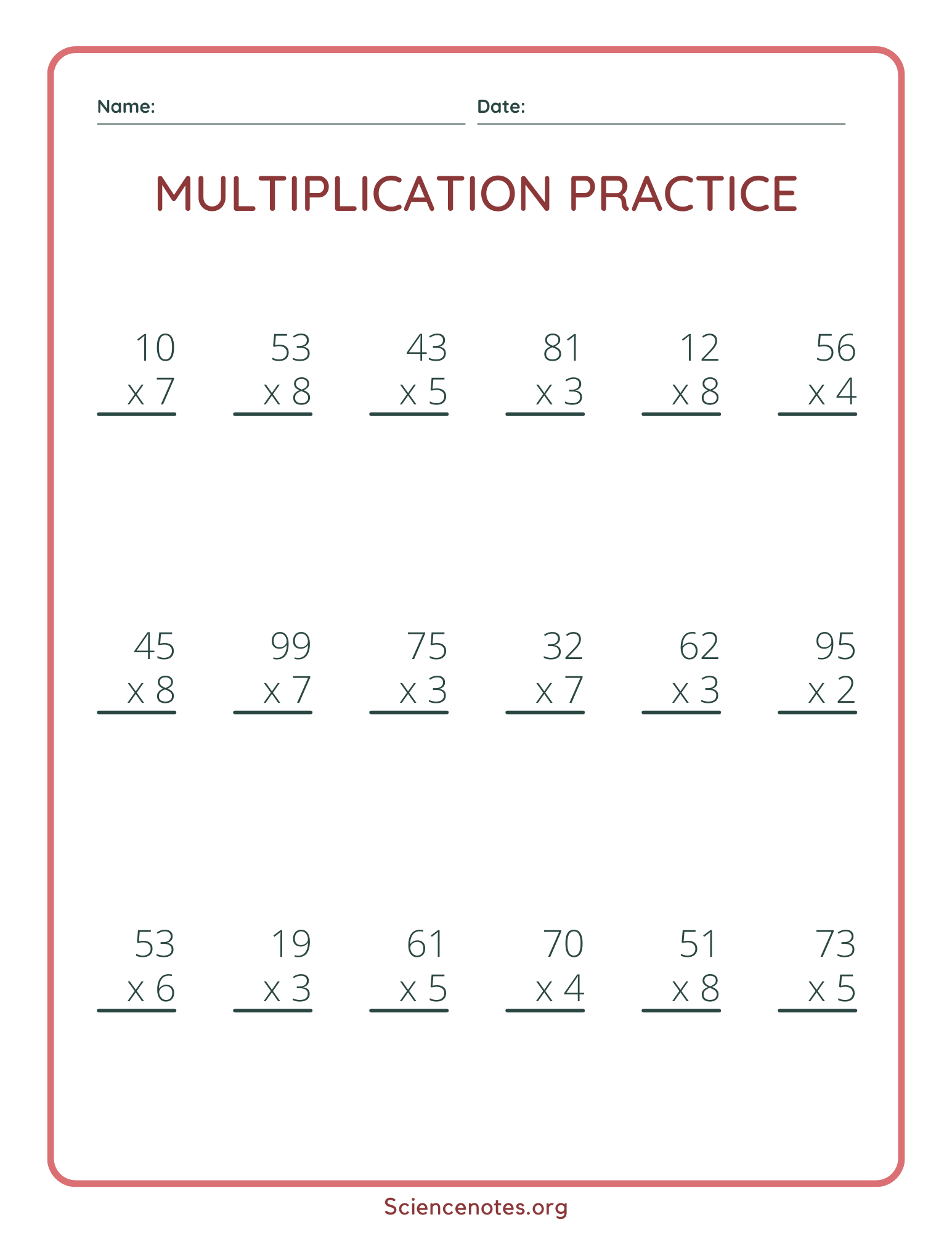 Single Digit Multiplication Worksheets