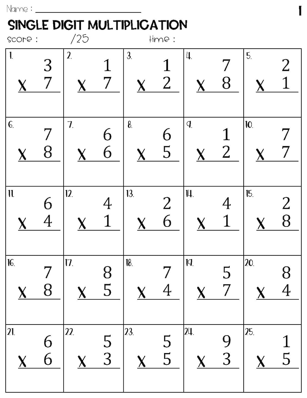 Single Digit Multiplication Worksheets Etsy