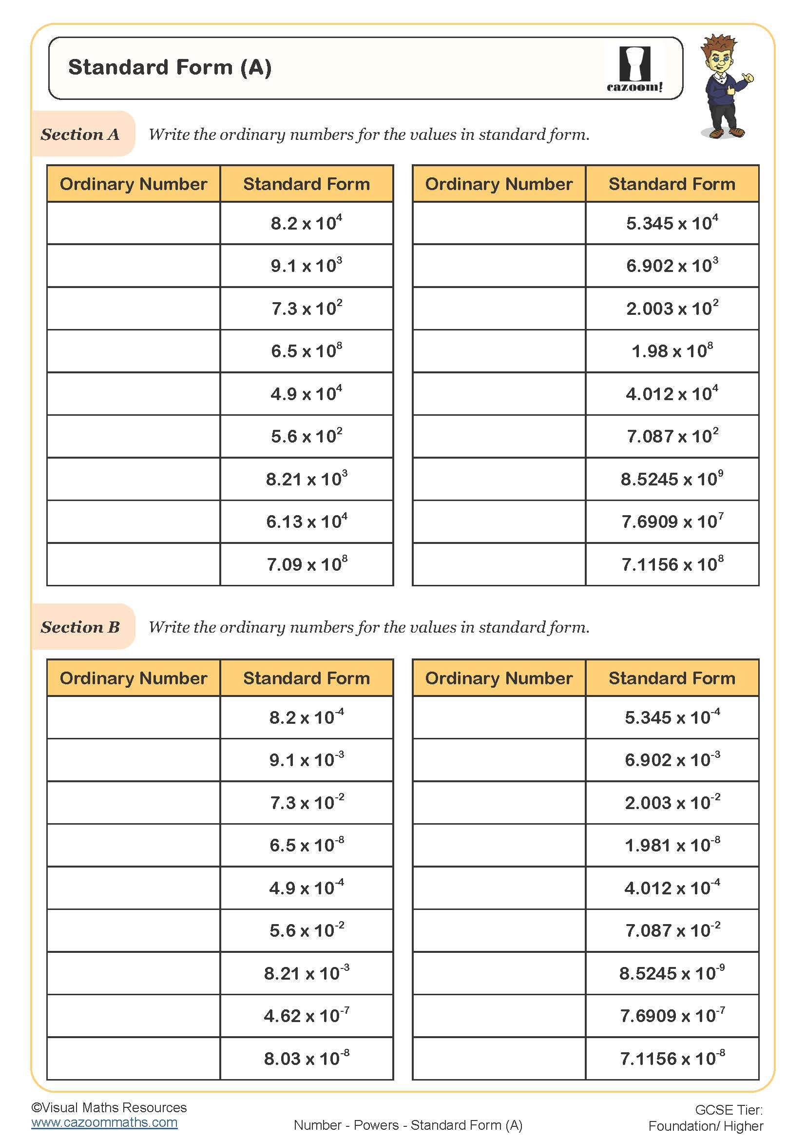 Standard Form A Worksheet Printable Maths Worksheets Worksheets Library