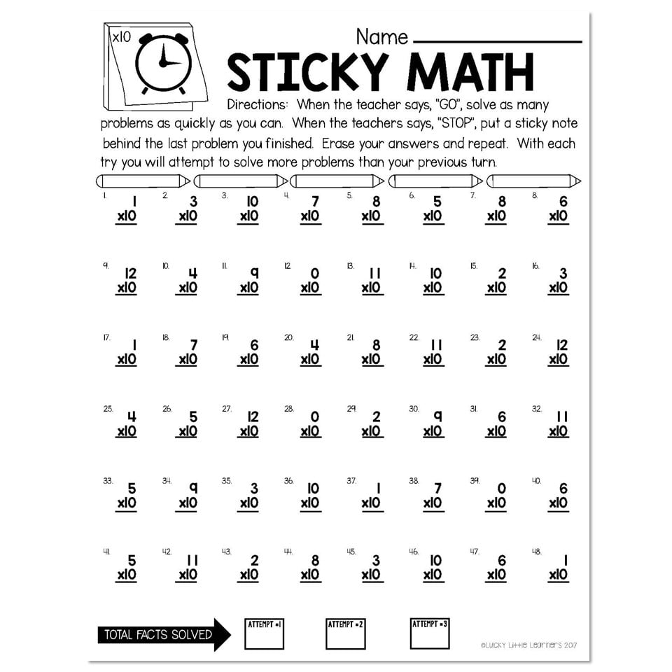Sticky Math Fact Fluency Practice Multiplication X10 Lucky Little Learners