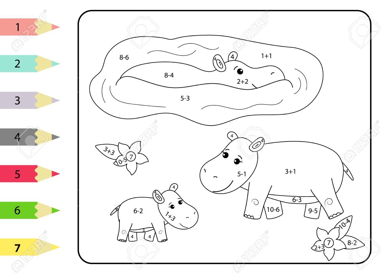 Study Subtraction And Addition Math Coloring Page For Children Cute African Animals Hippo Family Educational Game For Preschoolers Royalty Free SVG Cliparts Vectors And Stock Illustration Image 137794404 