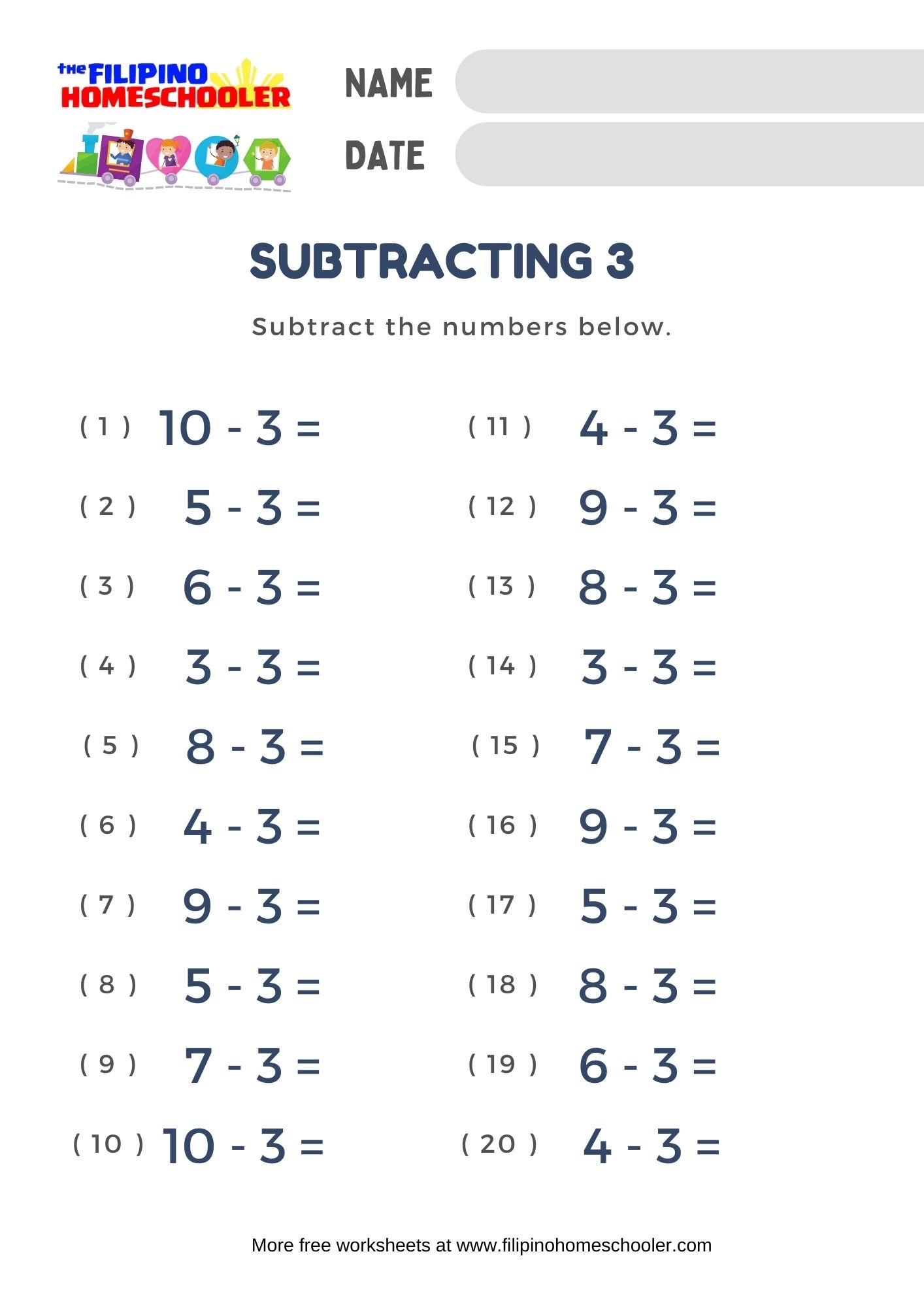 Subtraction By 3 Worksheets The Filipino Homeschooler Subtraction By 3 Worksheets The Filipino Homeschooler