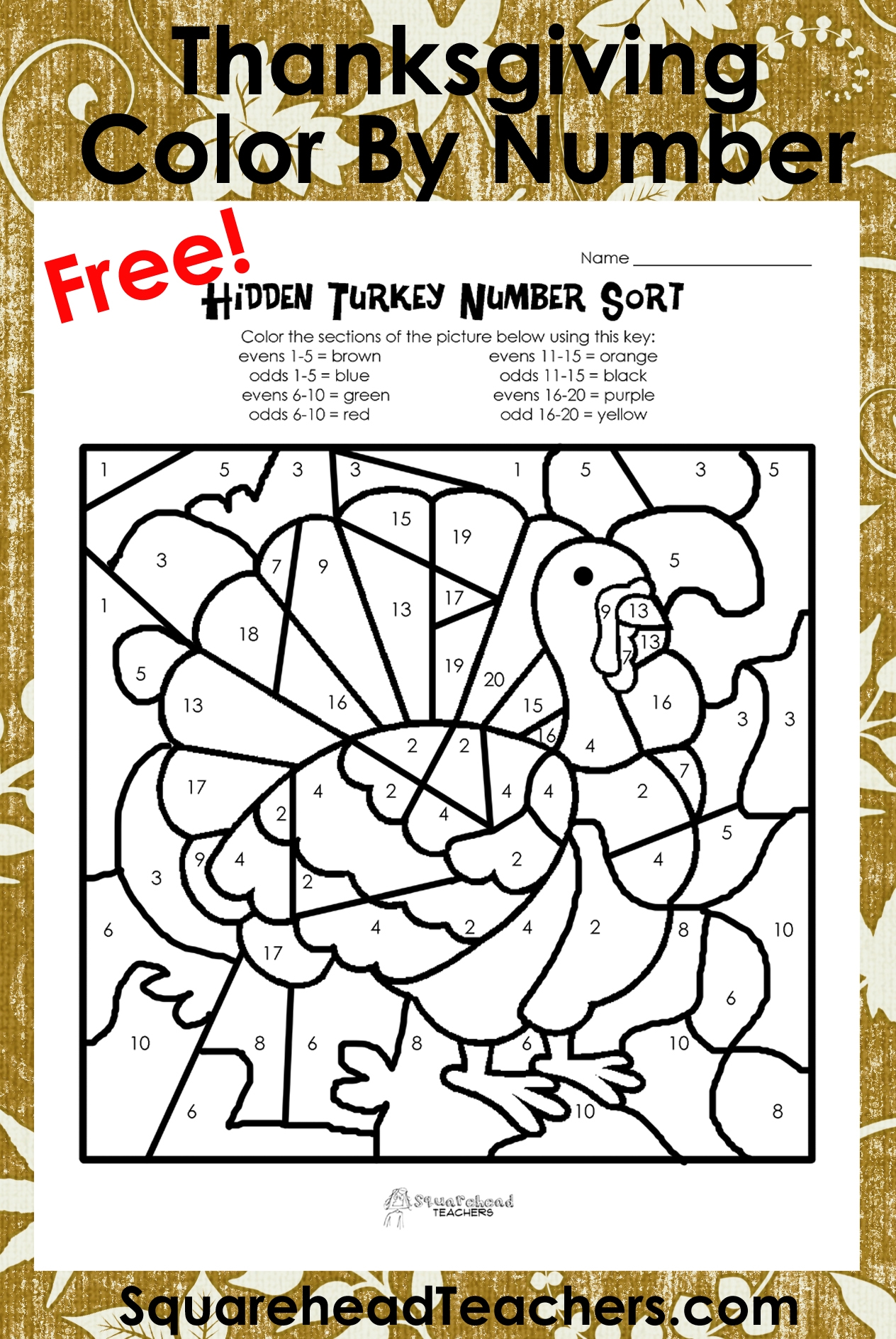 Thanksgiving Color By Number odd evens Sort Squarehead Teachers