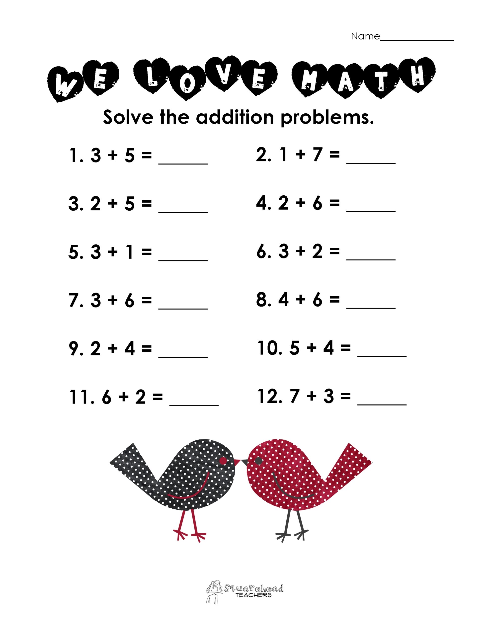 Valentine s Day Math Simple Addition Worksheet Squarehead Teachers