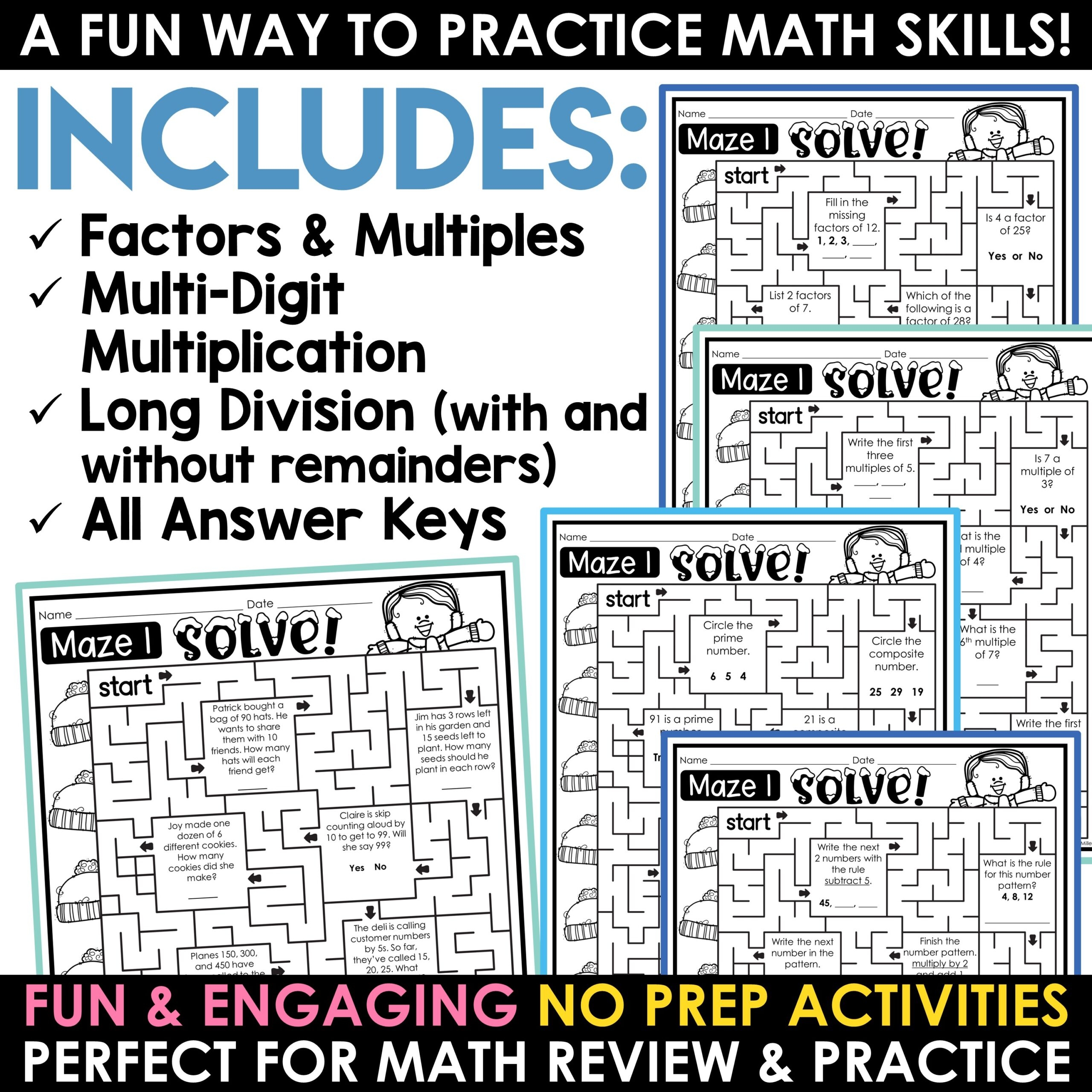 Winter Math Mazes Worksheets Multi Digit Multiplication Long Division BUNDLE A Love Of Teaching Kim Miller