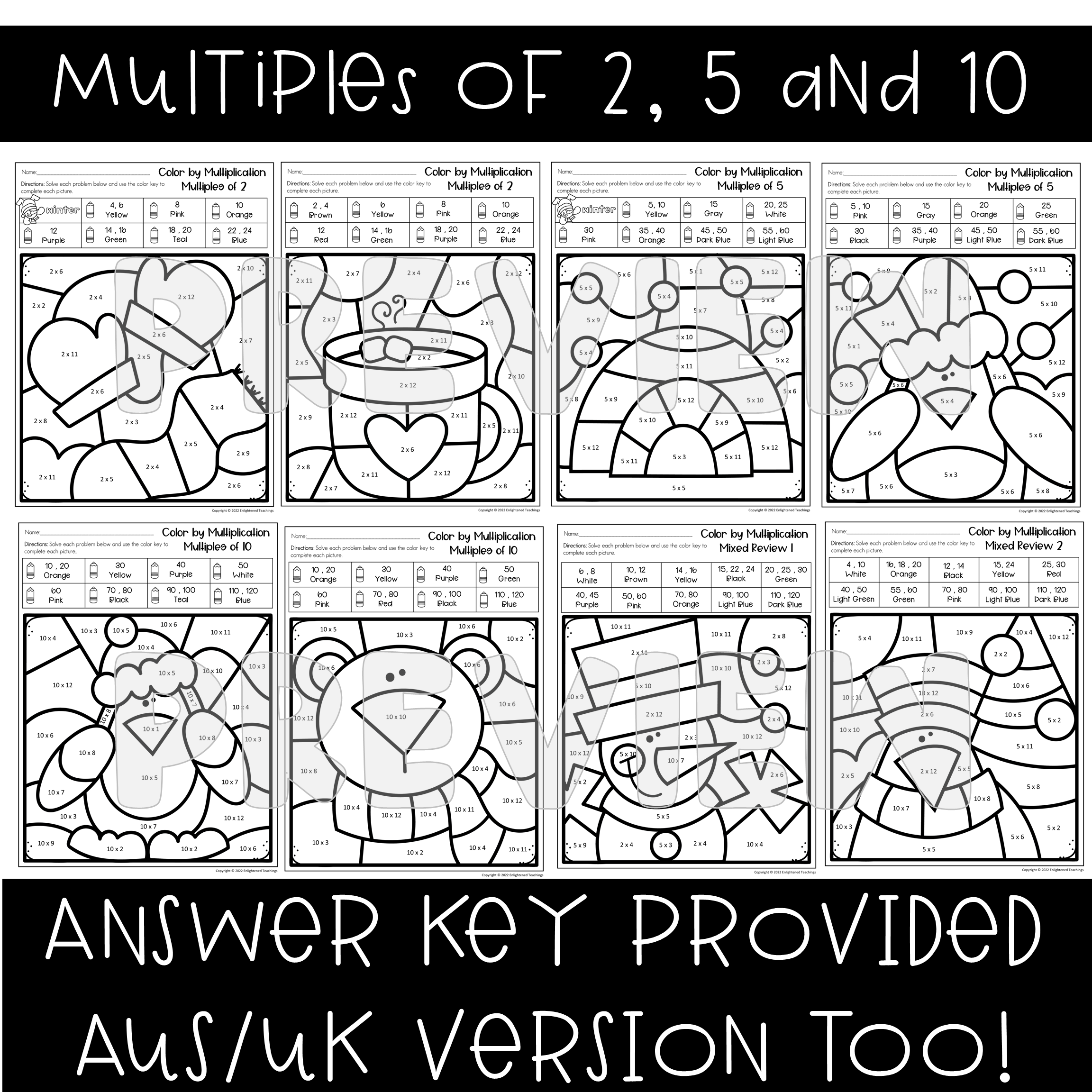Winter Multiplication Color By Code Number NO PREP Coloring Worksheets